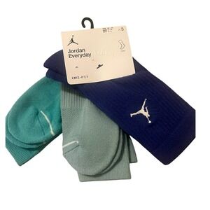 Jordan Everyday Crew Socks Mens S Blue Green New Dri-Fit Cushioned 3-Pack